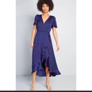 Nicole Miller Navy Blue Satin Faux Wrap High Low Maxi Dress Belted Flutter Sz S